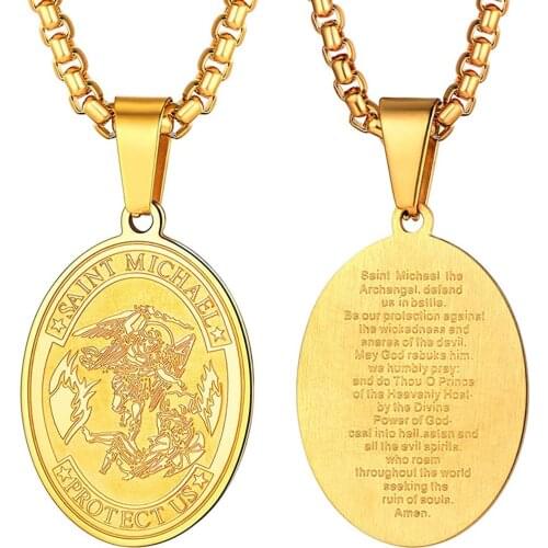U7 Men Women St. Michael Necklace Stainless Steel Oval Saint Biblical Archangel Pendant Necklaces Spiga Rope Chain 22 Inch P1063