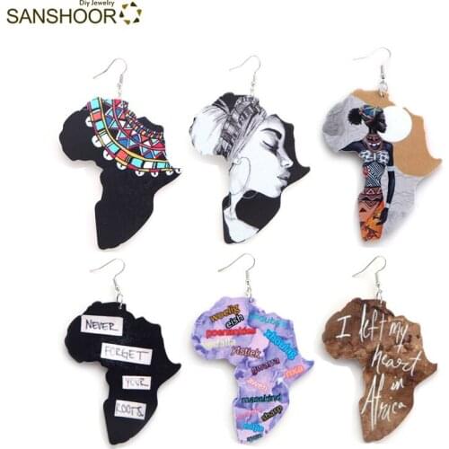 SANSHOOR Mixed Wholesale One Side Printed Ethnic Black Woman Positive Black Sayings African Map Wooden Earrings Customize 6Pairs
