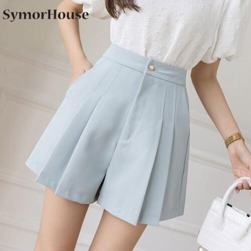 Summer Shorts Women Fashion Streetwear Pleated Casual Women Suit Shorts Loose High Waist Wide Leg Shorts Elegant Female Bottoms