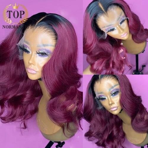 Topnormantic Ombre Colored Lace Front Human Hair Wigs Red 99j Burgundy Lace Front Wig For Women Remy Indian Human Body Wavy Wig
