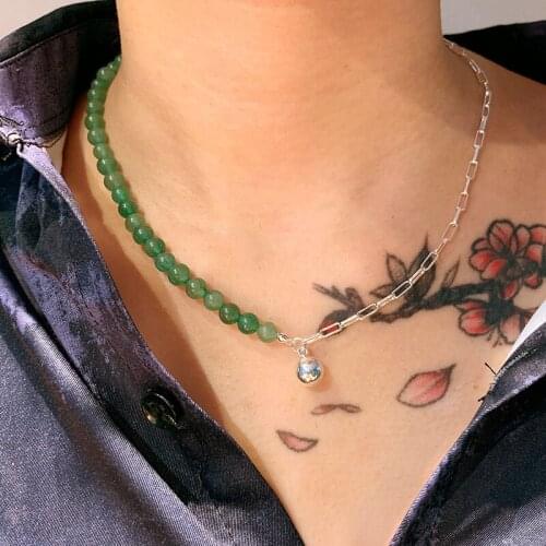 U-Magical Textured Asymmetry Green Resin Chunky Chain Pendant Necklace for Women Silver Color Metal Round Beads Necklace Jewelry