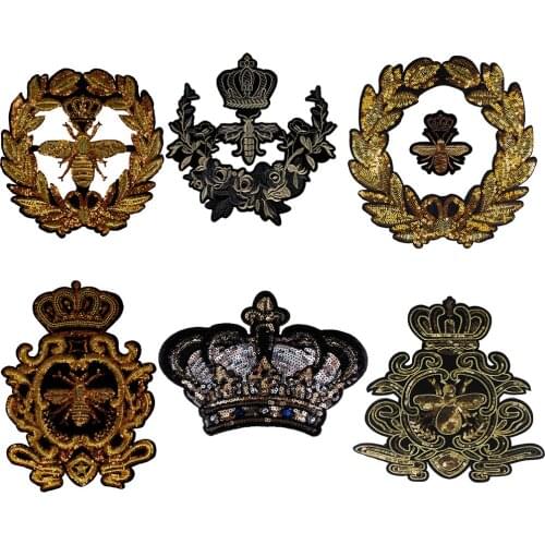 Wreath Gold Sequins Crown Bee Patches Embroidery Applique Embroidery Clothes Craft Sew On Garment Stickers TH558