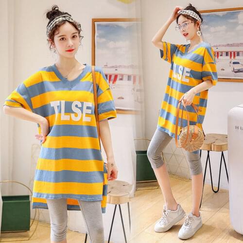 Plus Size WomenS Summer Style Loose Korean Style Cover Belly Mid-Length Blouse Striped Short-Sleeved T-Shirt
