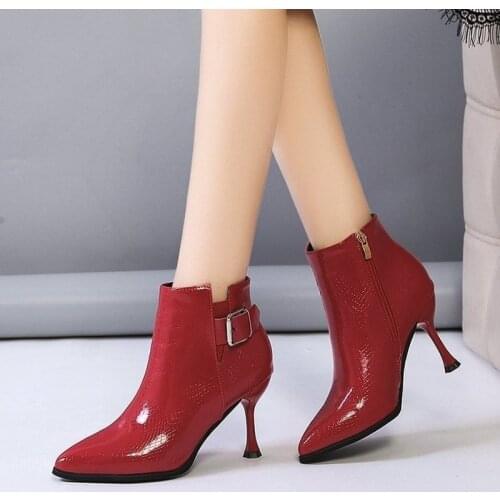 2021 Stiletto Heels Serpentine Short Ankle Boot Women Autumn Winter High Heeled Pointed Toe Leather Pumps Booties 10 CM