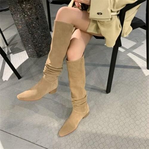Womens Retro Boots Cow Suede Elastic Material Mid-tube Square Toe Thick High Heel All Leather Pleated Knee-High Womens Shoes