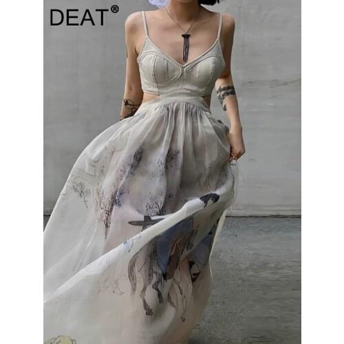[DEAT] new summer fashion women printed vintage styles straps tide V-neck sleeveless printting high waist long dress WS23202L