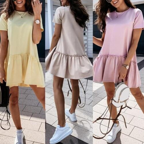2021 Short Sleeve Dress Fashion Women Solid Color O Neck Ruffled Hem A Line Mini Dress Streetwear Outfits Party Elegant Wear