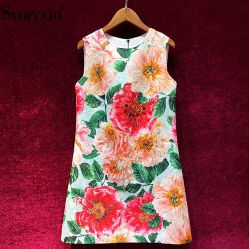 Svoryxiu Runway Designer Summer Red Camellia Print Jacquard Tank Dress Womens Fashion Beaded Party A Line Short Dresses