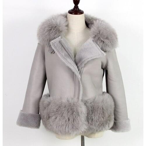 2020 Casual Winter Jacket Coat Women Double-faced Fur Coat Fox Fur Collar Real Leather Jacket Warm Wool Liner Brand Streetwear
