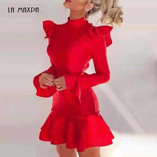 2021 New Summer Women Red Ruffles Long Sleeve Mermaid Mini Bandage Dress Sexy Hollow Out Buttons Evening Club Party Dress