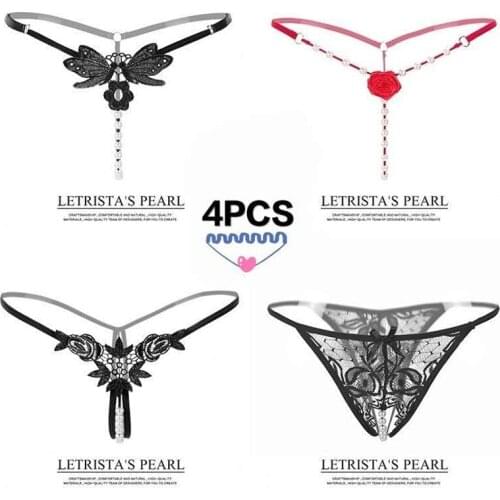 4Pcs Lady Sexy Bikini underwear Pearl Chain Couple Flirt Thong Entice Soft Panties Chain Body Jewelry For women Valentines Day