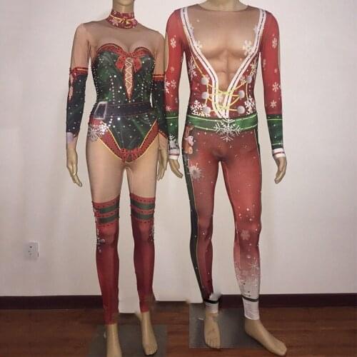 Sexy Men Bodysuit Christmas Costumes Sparkling Crystals Jumpsuit Celebrate Nightclub Singer Performance Stage Wear DNV10838