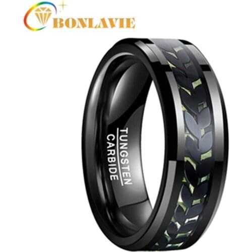 BONLAVIE Mens Ring 8mm Tungsten Carbide Ring Black Leaves Green Carbon Fiber Tungsten Steel Ring Polished Finish