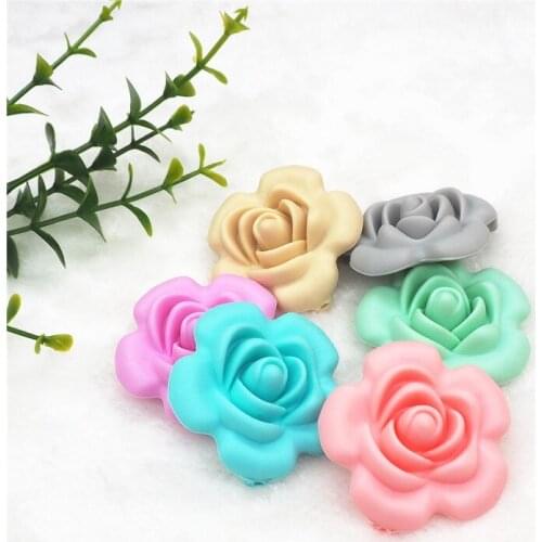 Chenkai 10pcs BPA Free Silicone Rose Flower Pendant Teether Beads DIY Handmade Baby Rattle Pacifier Dummy Sensory Chewing toy