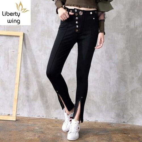 High Street New Zipper Split Denim Pencil Pants Buttons Stretchy Skinny Jeans Woman Black Casual Long Trousers Female Bootcuts
