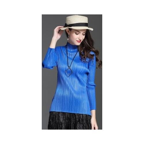 HOT SELLING Miyake fashion fold three quarter new sexy solid stand T-shirt women IN STOCK