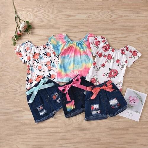 Summer Clothes Set Fashion Toddler Kid Baby Girl Leopard Print T shirt Tops Denim Patchwork Shorts Outfits Clothes 2PCS