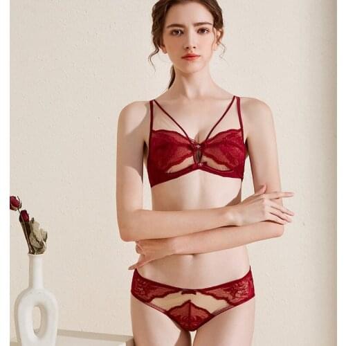 Ladies Summer Sexy Ultra Thin Bra With Panties Set Lace Soft Steel Support Gather Underwear Women Comfortable Brassieres