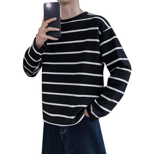 Fashion Men Stripe Long Sleeve Round Neck Loose Fit T-shirt Basic Top Blouse Mens Round Neck Trend Striped Long Sleeve