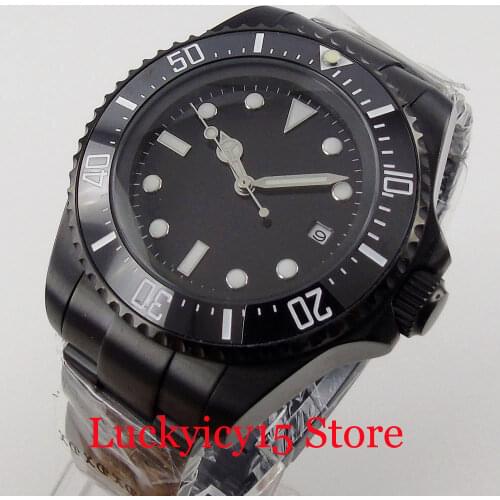 PARNIS SEA Black PVD Coated 43mm Big Automatic Men Watch Nologo Dial Unidirectional Bezel Ring 120 Clicks Calendar Date