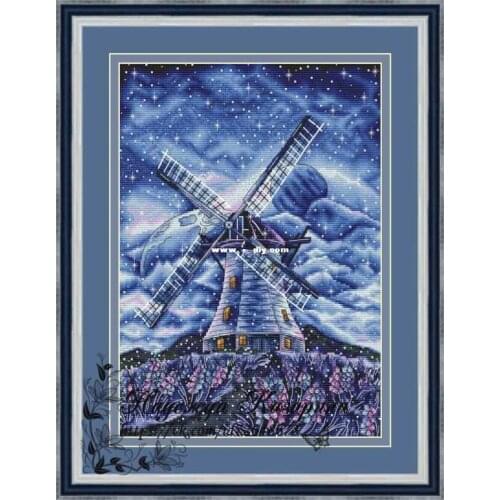 Gold Collection Counted Cross Stitch Kit Blue fantasy windmill romantic Fairy tale world Starry sky 9954