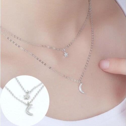 Kindey Bohemia Silver Color Crystal Layer Moon Star Necklaces For Women Wedding Jewelry Gift Boho Necklace