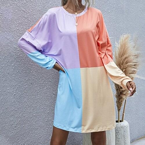 Patchwork Long Sleeve Dress O-neck Casual Loose Fashion Mini Dress 2021 Autumn Winter Streetwear Elegant Vintage Oversized Dress