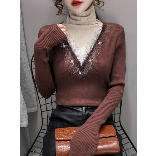 Diamonds Sweater Turtleneck European Standing Women New Western Style Patchwork Knitting Render Unlined Garment Autumn Winter
