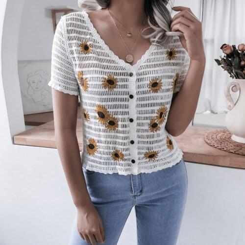 2021 New Womens Summer Small Daisy Embroidered Short Sleeve V Neck Hollow Lace Shirt Holiday Top For All Match Blouses