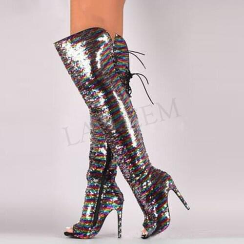 BERZIMER Women Thigh High Boots Peep Toe Stiletto Heels Shoes Woman Glitter Over Knee Ladies Zapatos Large Size 43 44 47 52