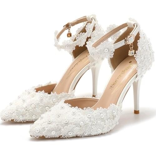 Women High Heels Pumps Wedding Shoes Pearl 9cm White Ladies Party Dress Bridesmaid Shoes Pointed Stilettos Large Size 43 2021