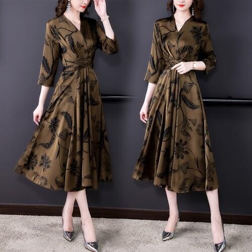 Women Satin Floral Mulberry Silk V-Neck Maxi Dress Spring Summer Vintage Casual Midi Dresses 2021 Elegant Bodycon Party Vestidos