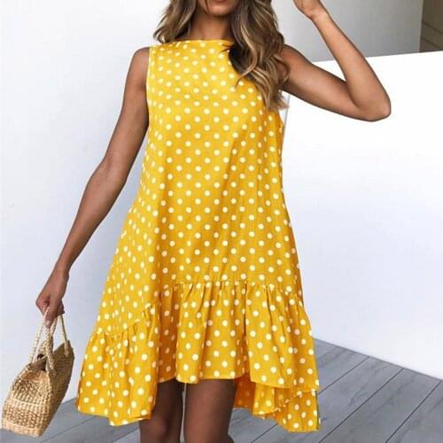 Women Polka Dot Printed Beach Dress Ladies Sleeveless Loose O Neck Casual Dress 2021 Ruffles High Waist Summer Dress Plus Size