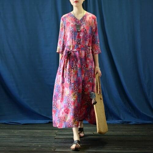 Johnature Women Ramie Summer Dresses Belt High Quality Vintage Female Dresses 2021 New V-Neck Half Sleeve Loose Original Dress