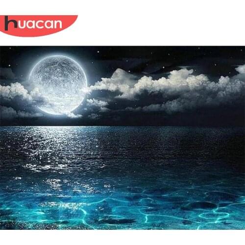 HUACAN Diamond Painting Moon Full Drill 5D Diamond Embroidery Mosaic Seaside Landscape Cross Stitch Handmade Gift