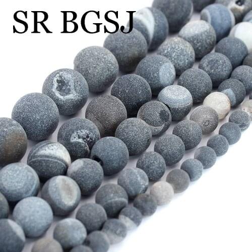 Free Shipping 6-14mm Round Frost Matte Crude Geode Black Agat Natural Stone Spacer Findings Beads Strand 15"