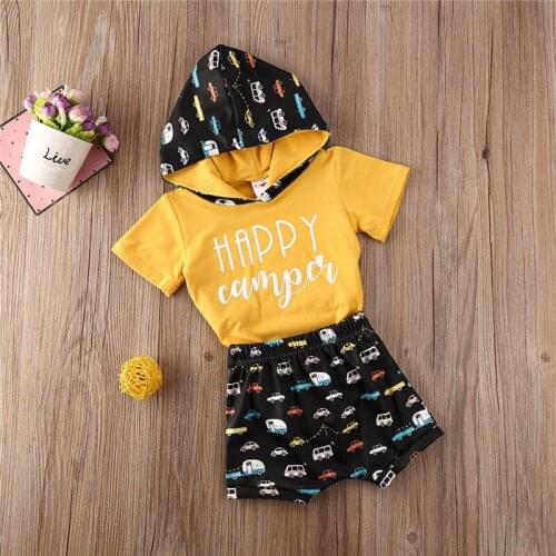 Free shipping Newborn Baby Boys clothes HAPPY camper print Hooded short sleeve Bodysuit Geometry Shorts 2pc kids Toddler Outfits