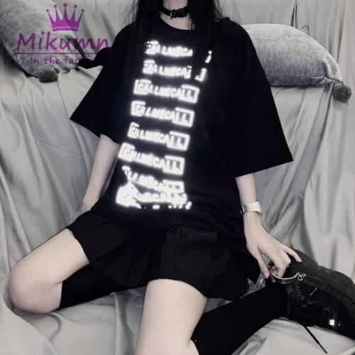 New Summer Harajuku Style T shirts Women Reflective Printed Loose Hip-Hop Short Sleeve T-shirt Female Tops Tees Chic Streetwear