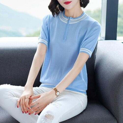 Short Sleeve Casual T-shirt Womens Summer Striped Knitted Bottoming Top Ladies Loose Fashion Thin O-neck Slim T-shirts H9274