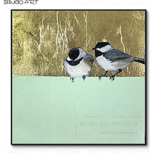 Handmade Special Design Funny Birds Painting with Gold Foil Oil Painting Beautiful Artwork Handmade Gold Foil Bird Oil Painting