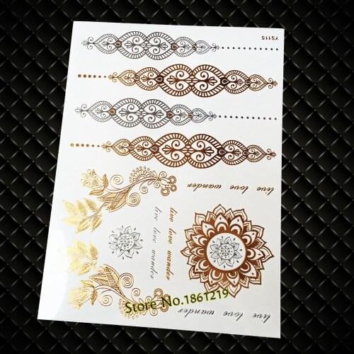 Classic Gold Metallic Mandala Flower Tattoos For Women Body Art Waterproof Fake Indian Bracelet Flash Temporary Tattoo Stickers