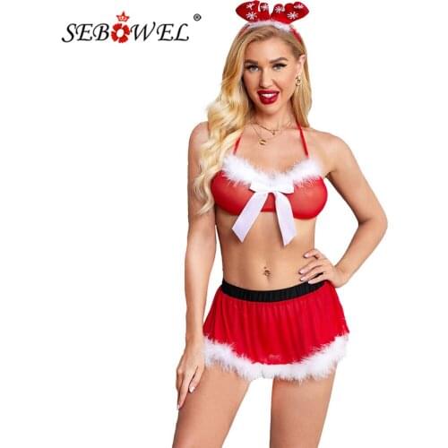 SEBOWEL 3pcs Sets Womens Red Plush Bow Halter Backless Lingerie Christmas Gift Costume Bras Top + Skirt + Thong Underwear Set