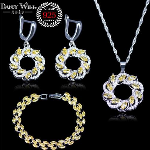 Round silver color Jewelry Yellow & White Cubic zirconia Jewelry Sets For Women Drop Earrings/Pendant/Necklace/Bracelet