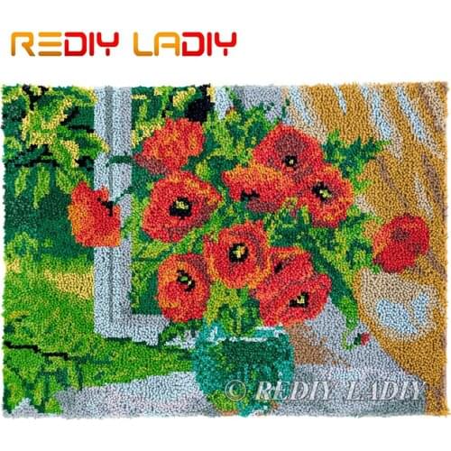 Latch Hook Kits Poppies & Vase DIY Carpet Rug Lush Tapestry Kits Chunky Yarn Knitted Floor Mat Crochet Cushion Crafts 81*61cm