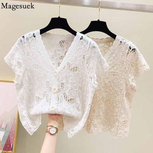 Summer V-Neck Hollow Flower Lace Blouse Korean Crochet Shirt Sunscreen Women Tops 2021 Sweet Loose Short Sleeve White Tops 15427