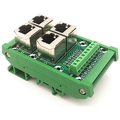 DIN Rail Mount RJ45 Module,RJ45 8P8C Jack 4-Way Buss Breakout Board, Terminal Block, Connector