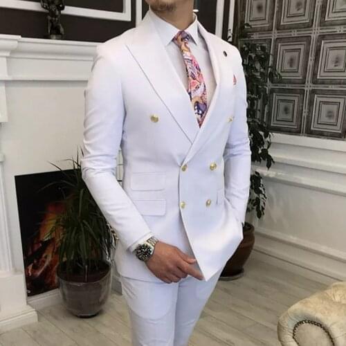 2021 Costume Homme White Double Breasted Men Suits Slim Fit 2 Pieces Terno Prom Tuxedos Wedding Groom Prom Blazer (Jacket+Pants)