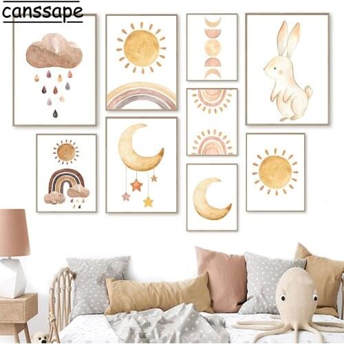 Nuesery Posters And Prints Sun Rainbow Canvas Painting Moon Cloud Poster Rabbit Print Nordic Wall Pictures Kids Bedroom Decor