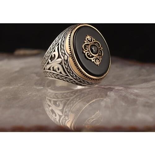 Natural Onyx Stone Traditional Turkish 925 Silver Mens Handmade Signet Rings Jewelry Gift for Women Men