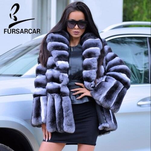 FURSARCAR New Arrival Luxury Fashion Rex Rabbit Fur Coat Warm Fur Collar Real Fur Coats Winter Rex Rabbit Fur Jacke For Women
